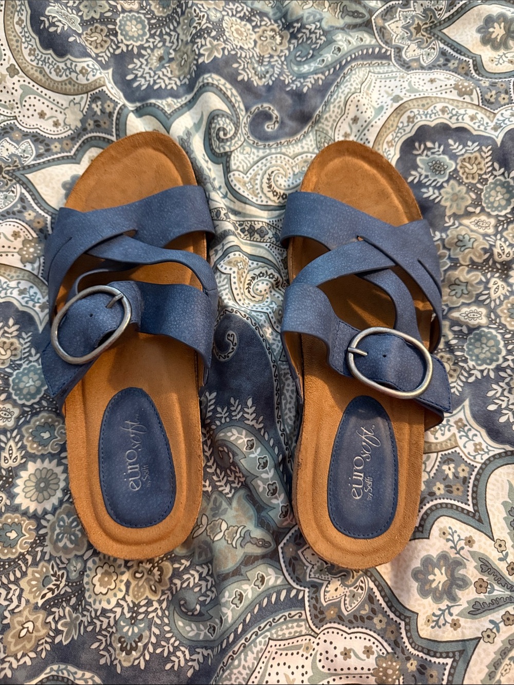 EuroSoft Blue Cross-Band Buckle Slide Sandals